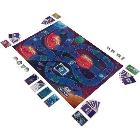Star Wars Super Teams family racing board game box featuring X-Wing Millennium Falcon Tie Fighter and Death Star team artwork