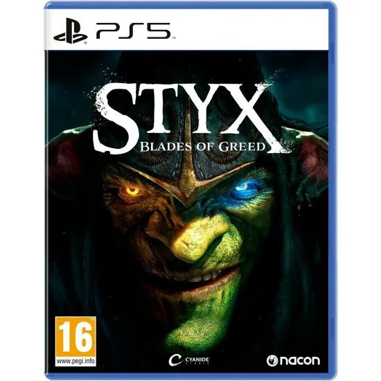 The box art for the game Styx: Blades of Greed on PS5, showing the goblin Styx in a stealthy pose, dagger in hand.