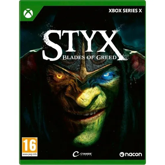 The box art for the game Styx: Blades of Greed on Xbox Series X, showing the goblin Styx in a stealthy pose, dagger in hand.