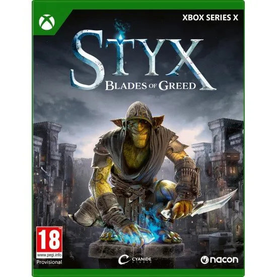 Styx Blades of Greed Xbox Series X The box art for the game Styx: Blades of Greed on Xbox Series X, showing the goblin Styx in a stealthy pose, dagger in hand.