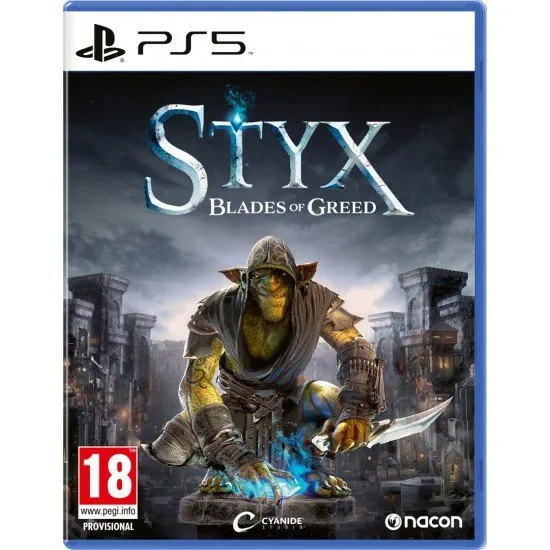 The box art for the game Styx: Blades of Greed on PS5, showing the goblin Styx in a stealthy pose, dagger in hand.