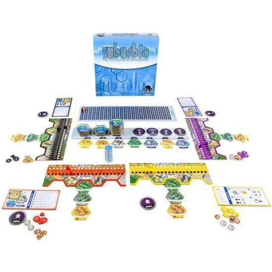 Suburbia 2nd Edition board game box showing the modern artwork and hex-shaped city tiles