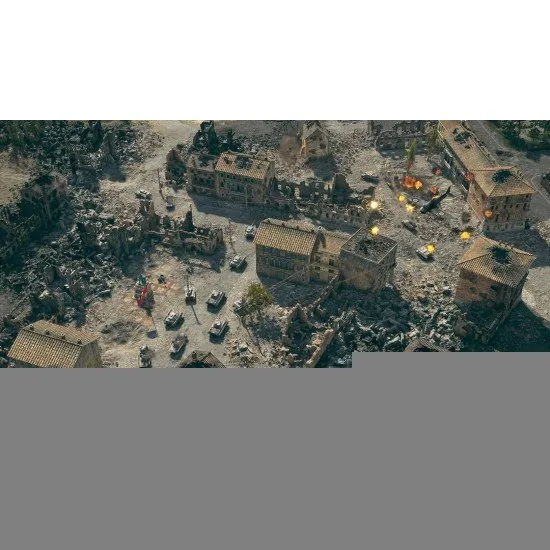 A high-altitude strategic view of a massive tank division advancing through a war-torn European village