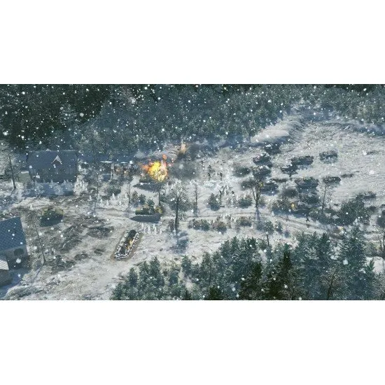 A high-altitude strategic view of a massive tank division advancing through a war-torn European village