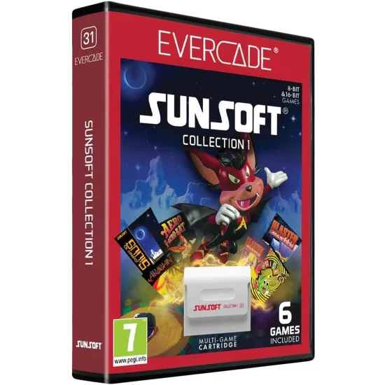 An Evercade cartridge box featuring vibrant artwork from Mr. Gimmick and Blaster Master in a collectable retro styled case