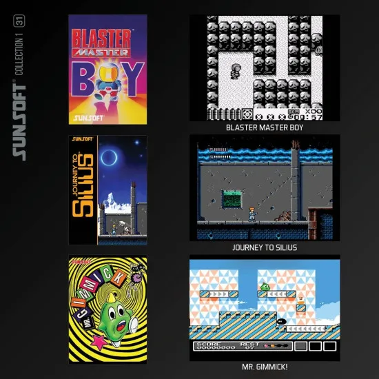 An Evercade cartridge box featuring vibrant artwork from Mr. Gimmick and Blaster Master in a collectable retro styled case