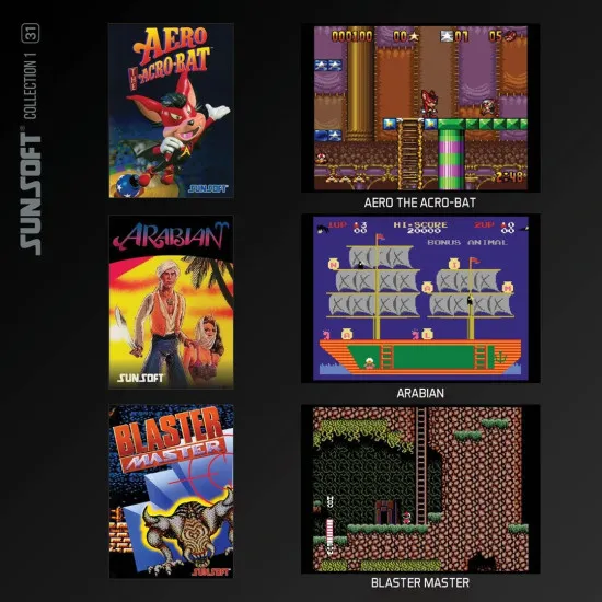An Evercade cartridge box featuring vibrant artwork from Mr. Gimmick and Blaster Master in a collectable retro styled case
