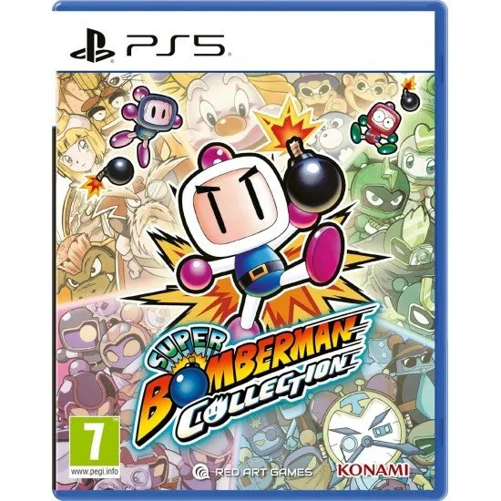 A group of colourful Bomberman characters celebrating around a classic black bomb