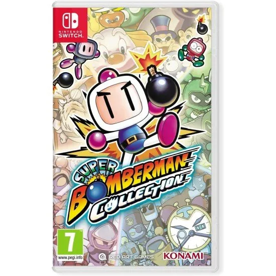 The Super Bomberman Collection title screen shown on a Nintendo Switch console