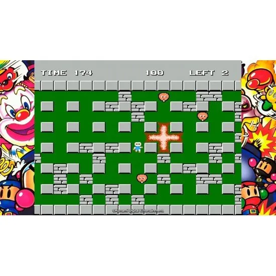 Bomberman placing a bomb near a destructible block in a classic grid-based arena