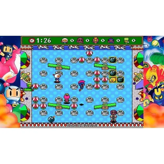 Bomberman placing a bomb near a destructible block in a classic grid-based arena