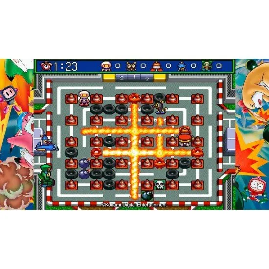 Bomberman placing a bomb near a destructible block in a classic grid-based arena