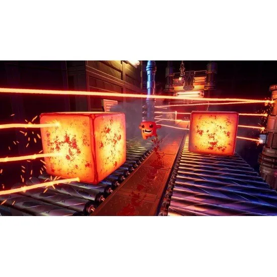 Meat Boy racing through a deadly 3D industrial environment filled with spinning saw blades