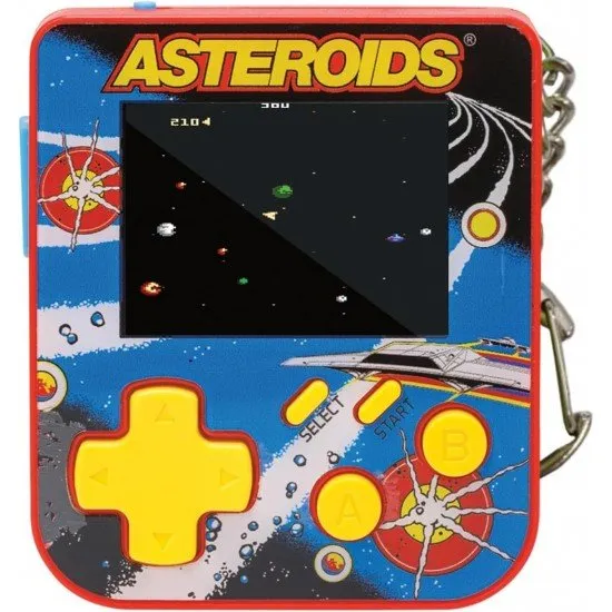 Super Micro Asteroids Keychain Gamer The Super Micro Asteroids Keychain Gamer, a small, portable gaming device on a keychain, showing a screen with the game Asteroids.