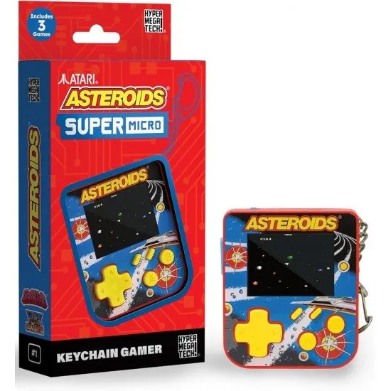 Super Micro Asteroids Keychain Gamer The Super Micro Asteroids Keychain Gamer, a small, portable gaming device on a keychain, showing a screen with the game Asteroids.
