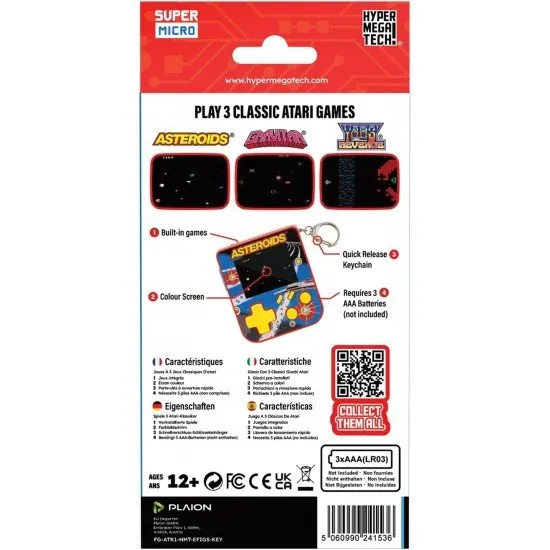 Super Micro Asteroids Keychain Gamer The Super Micro Asteroids Keychain Gamer, a small, portable gaming device on a keychain, showing a screen with the game Asteroids.