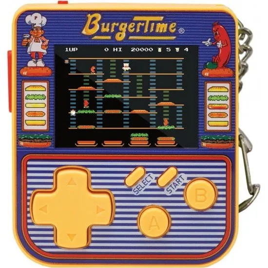 Super Micro BurgerTime Keychain Gamer The Super Micro BurgerTime Keychain Gamer, a small, portable gaming device on a keychain, showing a screen with the game BurgerTime.