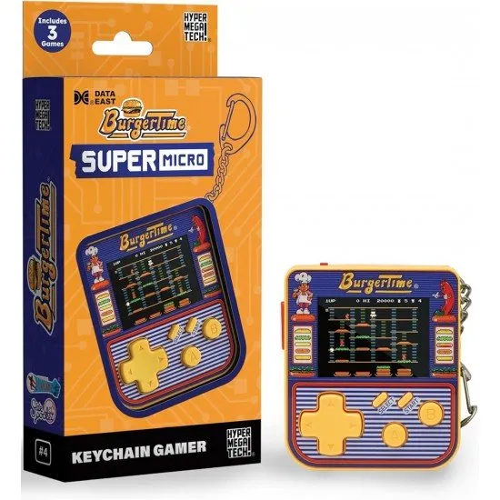 Super Micro BurgerTime Keychain Gamer The Super Micro BurgerTime Keychain Gamer, a small, portable gaming device on a keychain, showing a screen with the game BurgerTime.