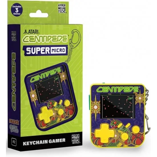 Super Micro Centipede Keychain Gamer The Super Micro Centipede Keychain Gamer, a small, portable gaming device on a keychain, showing a screen with the game Centipede.