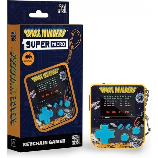 Super Micro Space Invaders Keychain Gamer The Super Micro Space Invaders Keychain Gamer, a small, portable gaming device on a keychain, showing a screen with the game Space Invaders.