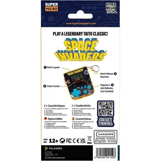Super Micro Space Invaders Keychain Gamer The Super Micro Space Invaders Keychain Gamer, a small, portable gaming device on a keychain, showing a screen with the game Space Invaders.