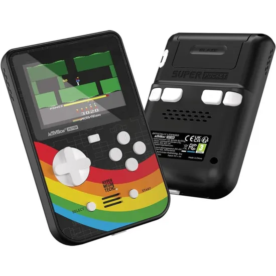 HyperMegaTech Super Pocket Activision Edition handheld console showing retro artwork and built-in controls
