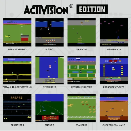 HyperMegaTech Super Pocket Activision Edition handheld console showing retro artwork and built-in controls