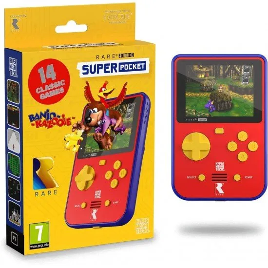 A handheld gaming device featuring a colourful screen and controls, showcasing the Rare logo and classic character art