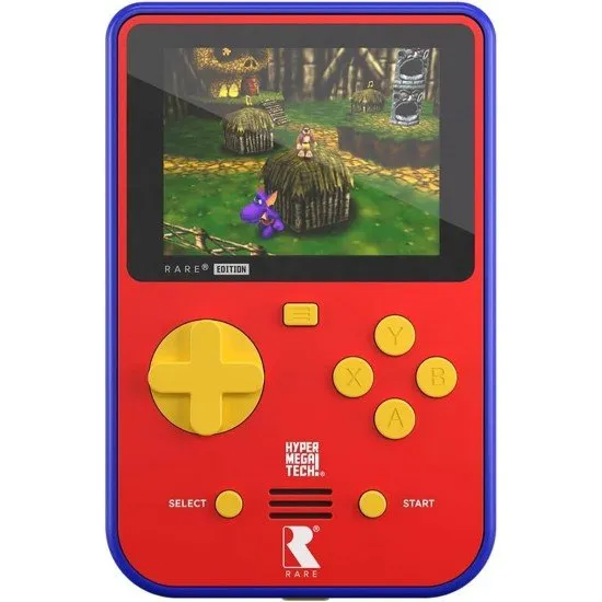 A handheld gaming device featuring a colourful screen and controls, showcasing the Rare logo and classic character art