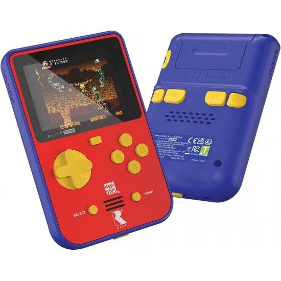 A handheld gaming device featuring a colourful screen and controls, showcasing the Rare logo and classic character art