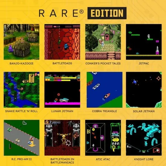 A handheld gaming device featuring a colourful screen and controls, showcasing the Rare logo and classic character art
