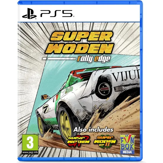 PlayStation 5 game case for Super Woden Rally Edge featuring retro rally cars racing on a dirt track