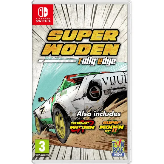 Nintendo Switch game case for Super Woden Rally Edge featuring retro rally cars racing on a dirt track