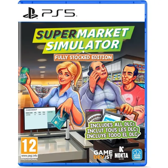 PlayStation 5 game case for Supermarket Simulator Fully Stocked Edition showing a bright grocery store interior