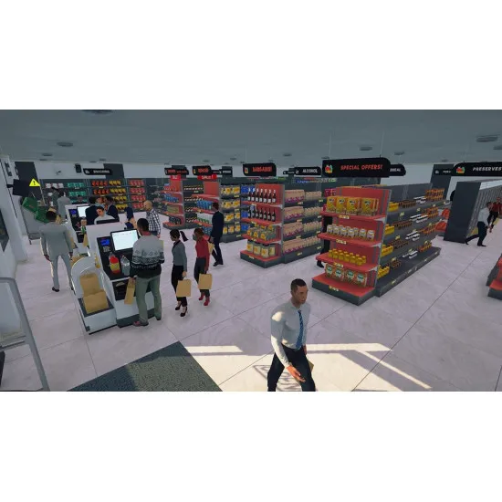 PlayStation 5 game case for Supermarket Simulator Fully Stocked Edition showing a bright grocery store interior