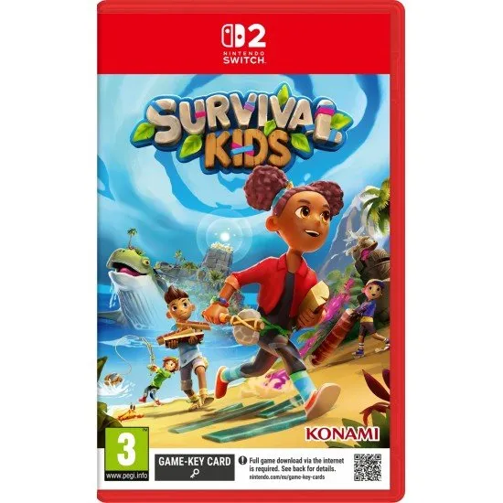 Survival Kids Switch 2 The box art for the game Survival Kids on the Nintendo Switch 2, showing a group of four kids working together on a vibrant, fantastical island.
