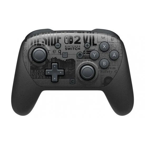 Nintendo Switch 2 Pro Controller Resident Evil Requiem Edition featuring gunmetal black finish and newspaper article patterns