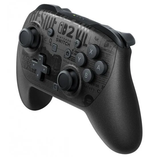 Nintendo Switch 2 Pro Controller Resident Evil Requiem Edition featuring gunmetal black finish and newspaper article patterns