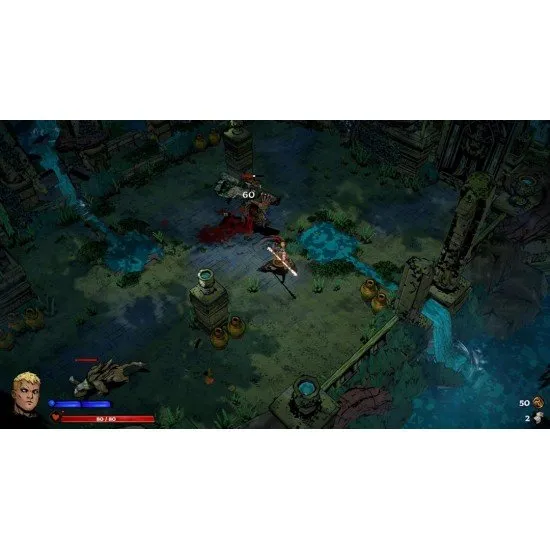 A group of four stylised knights standing together against a dark, foggy background of a ruined castle