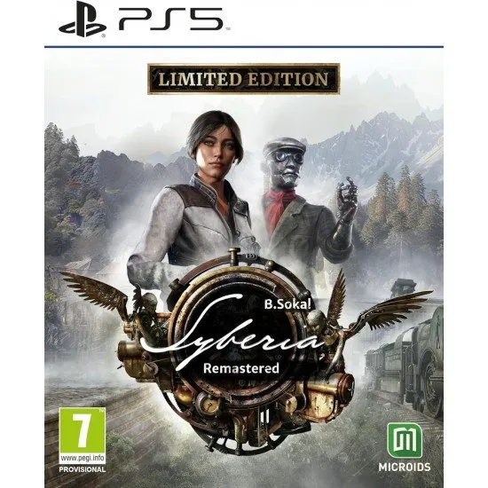 The box art for the Limited Edition of Syberia Remastered on PS5, showing the main character Kate Walker and the automaton Oscar against a backdrop of a snowy, clockpunk world.