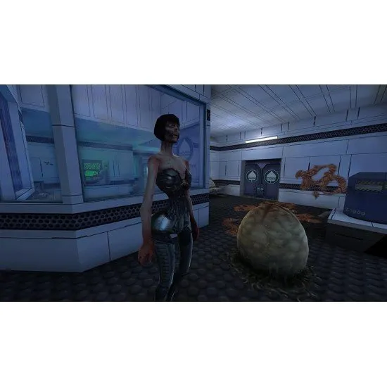 A first-person view of a character holding a futuristic wrench facing a mutant in a dark lab