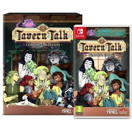 A premium Deluxe Edition game box for Tavern Talk on Nintendo Switch, surrounded by collector items including a thick lorebook, an audio soundtrack disc, a rolled dice scroll, a colorful sticker sheet, and an A3 art poster