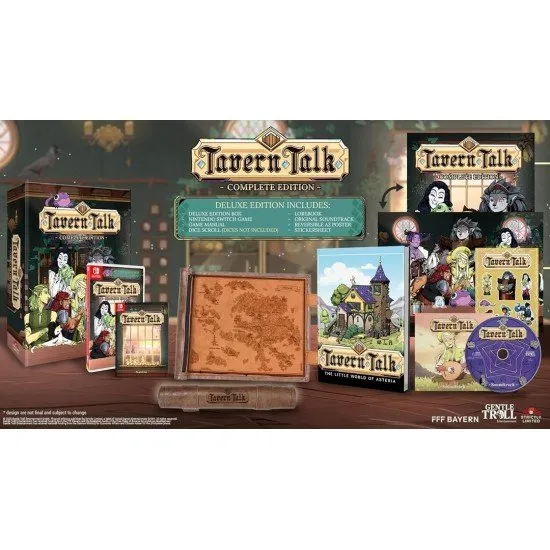 A premium Deluxe Edition game box for Tavern Talk on Nintendo Switch, surrounded by collector items including a thick lorebook, an audio soundtrack disc, a rolled dice scroll, a colorful sticker sheet, and an A3 art poster