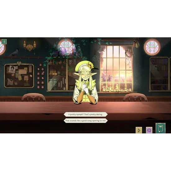 A premium Deluxe Edition game box for Tavern Talk on Nintendo Switch, surrounded by collector items including a thick lorebook, an audio soundtrack disc, a rolled dice scroll, a colorful sticker sheet, and an A3 art poster