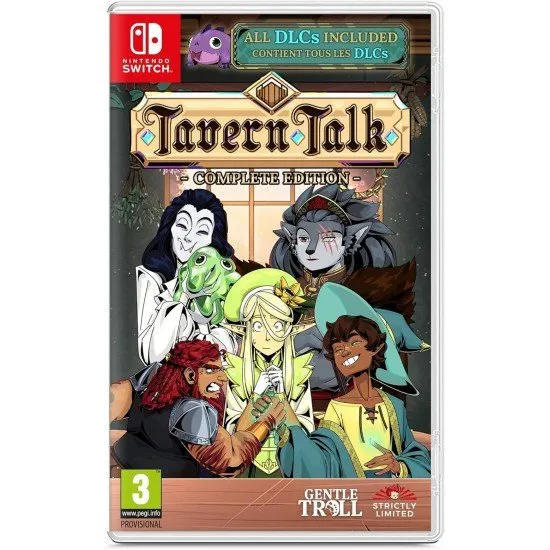 A Nintendo Switch game case displaying a vibrant, cozy fantasy tavern interior where an elven bartender serves colourful glowing potions to diverse adventurers