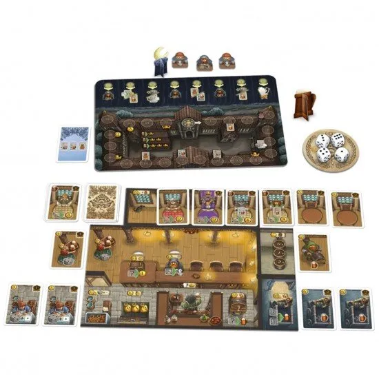 The Taverns of Tiefenthal Board Game The box art for The Taverns of Tiefenthal, showing a busy tavern and the game's dice and cards.
