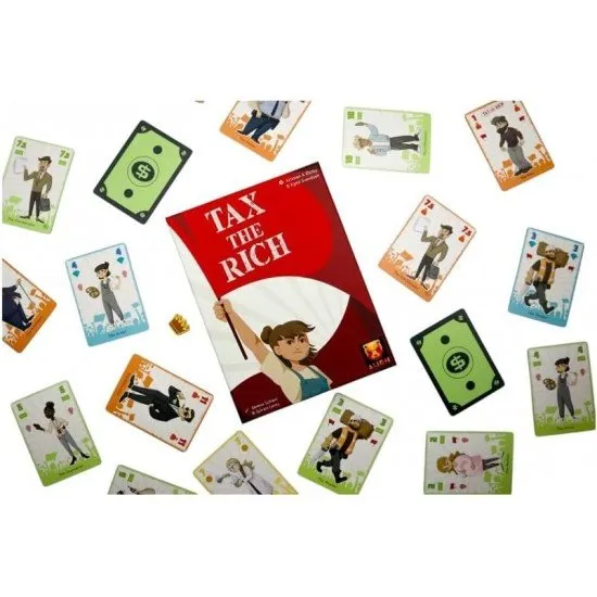 Tax the Rich trick-taking card game box featuring social class character artwork