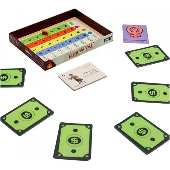 Tax the Rich trick-taking card game box featuring social class character artwork