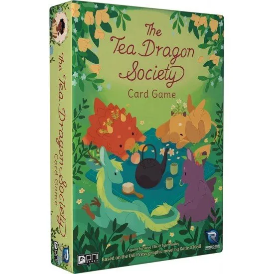 Colourful illustrated cards showing small dragons with plants growing from their horns alongside tea-making accessories