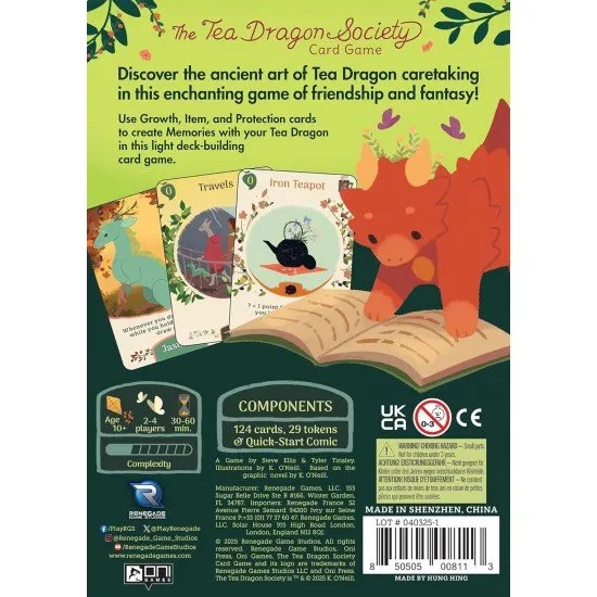 Colourful illustrated cards showing small dragons with plants growing from their horns alongside tea-making accessories